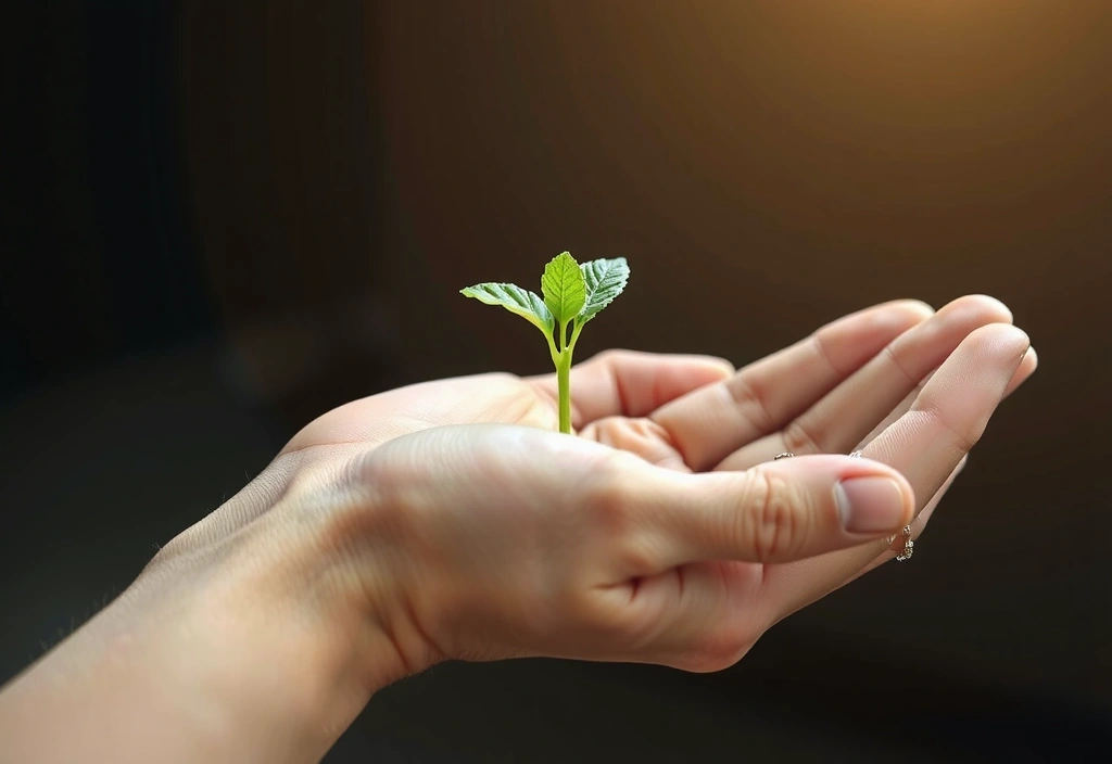 A serene image of a hand gently holding a sprouting plant, symbolizing growth and natural vitality, with soft, ambient lighting.