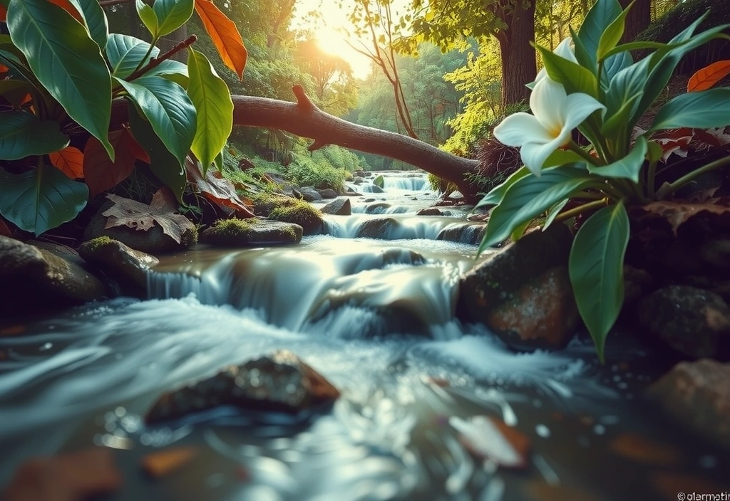 An artistic rendering of a flowing river merging with botanical elements, symbolizing harmony between nature and human well-being.