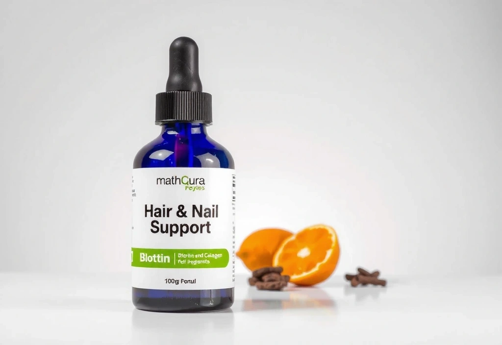 A sleek bottle of a new hair and nail support formula, with natural ingredients visible.
