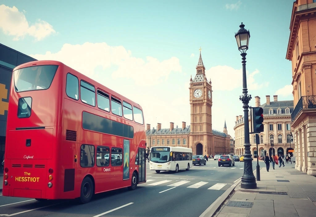 A stylish illustration of a classic London street with a red double-decker bus and iconic architecture, pointing towards Oxford Street.