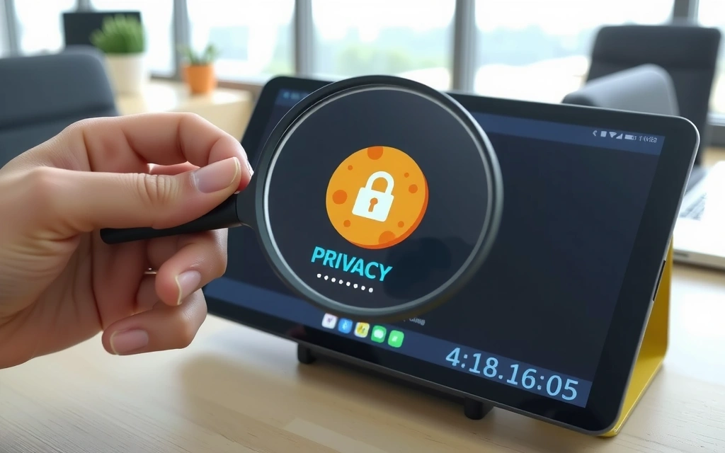 A person's hand holding a magnifying glass over a digital cookie icon on a tablet screen, symbolizing privacy and data inspection.