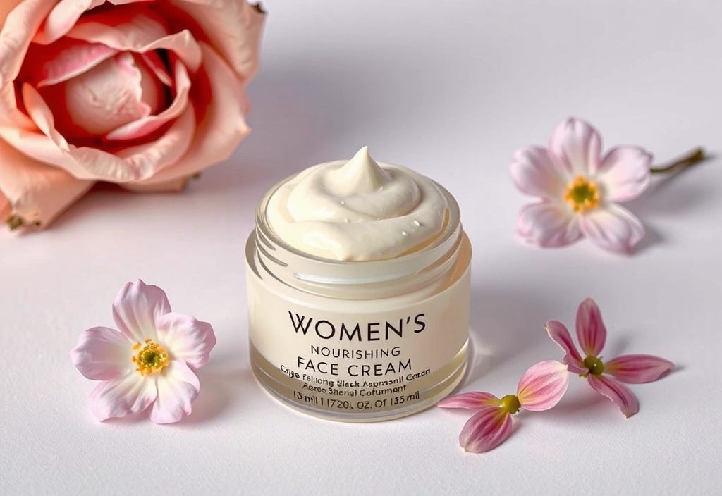 An elegant jar of women's nourishing face cream, soft pastel tones, delicate floral elements, luxurious texture.