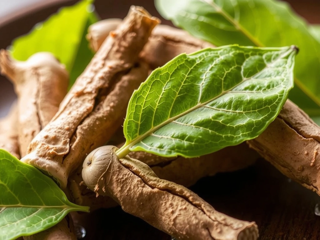 Ashwagandha root and leaves, depicted in a natural, earthy setting.