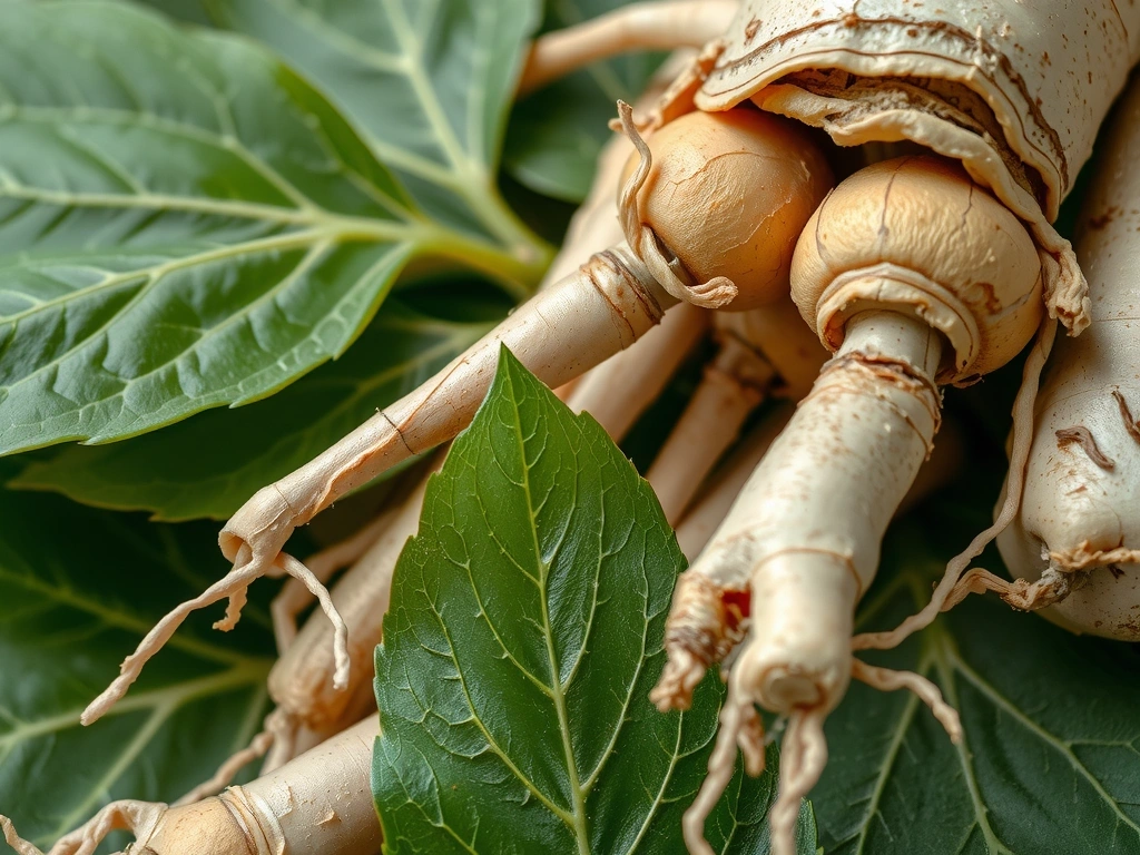 Panax Ginseng roots and leaves, showing its natural form and energy.