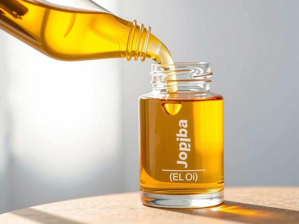 Close-up of golden jojoba oil being poured, symbolizing natural nourishment