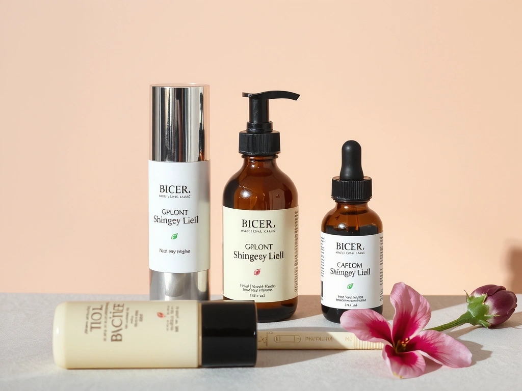 Collection of Vitality & Bloom women's skincare products, elegantly displayed with soft lighting and botanical touches