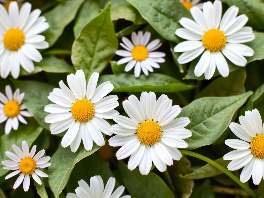 Delicate chamomile flowers and green tea leaves, representing soothing plant extracts